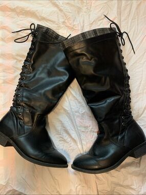 torrid Black Lace-Up Knee-High Boots with Plaid Trim